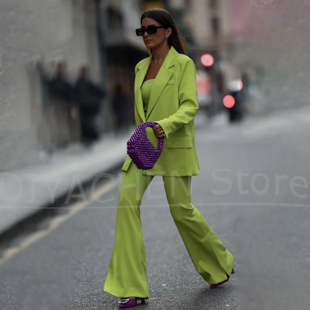 

Fluorescent Green Women Pants Sets 2 Piece Formal Office Lady Casual Daily Outfits Basics Notch Lapel One Button Female Suits