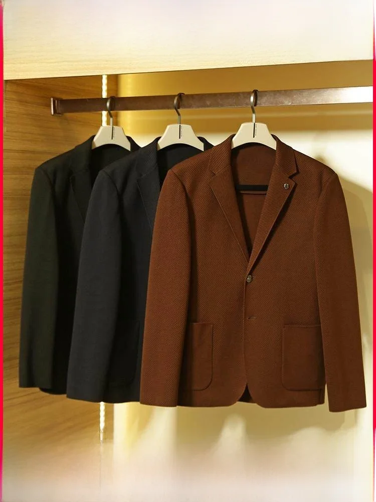 

High-End Men's Knitted Busin Casual Suit Jaet Spring Autumn New Sle Casual Texture Design Two-Button Stand Fit
