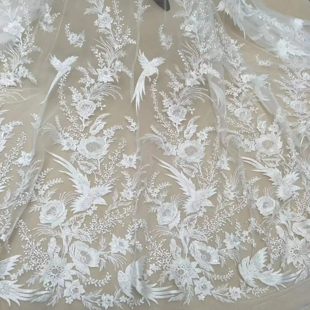 Hot selling off-white flower-and-bird wedding dress fabric lace with sequins 130cm wide sold by size