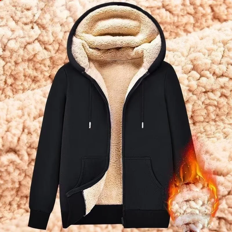 Trendy Sweatshirt Coat Front Pockets Warm Zipper Lamb Wool Jacket Men and Woman Winter Pure Color Plush Lined Cardigan Hoodie