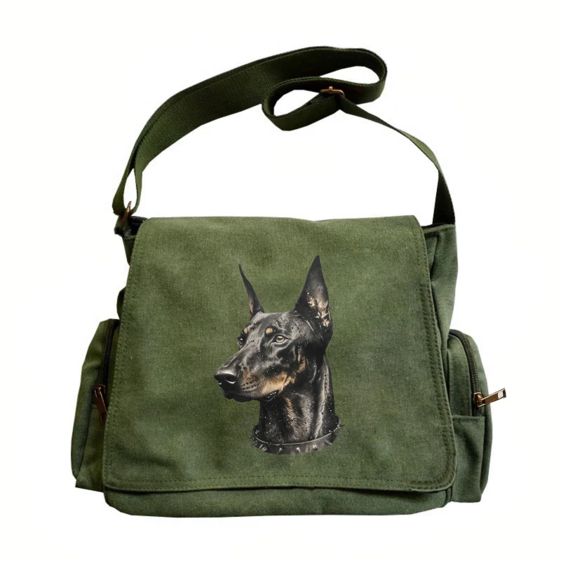 

Doberman Print Shoulder Bag Men's Multifunction Canvas Bag Army Green Messenger Bag Casual Commuting Bag Travel