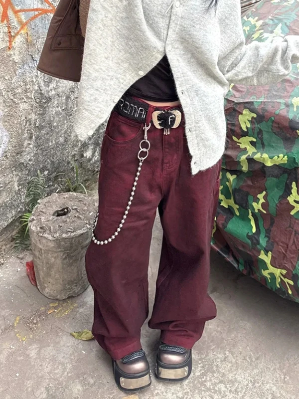 

Красные женские джинсы с высокой талией, винтажный дизайн, прямые мешковатые джинсовые брюки в стиле хип-хоп, уличные широкие джинсовые брюки Y2K в американском стиле