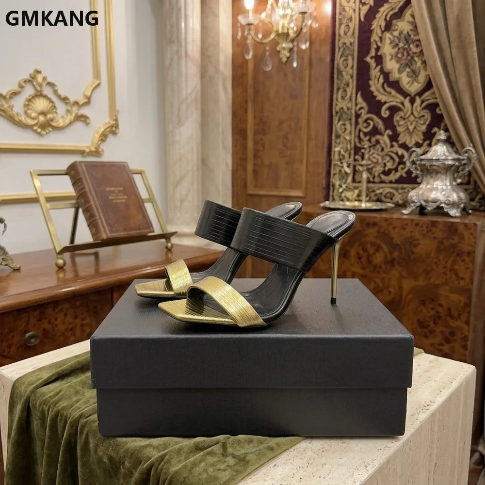 Women’s Metallic Pattern Square Toe Low Heel Sandals, Double Strand Strappy Design, Chunky Block Heel Dress Sandals