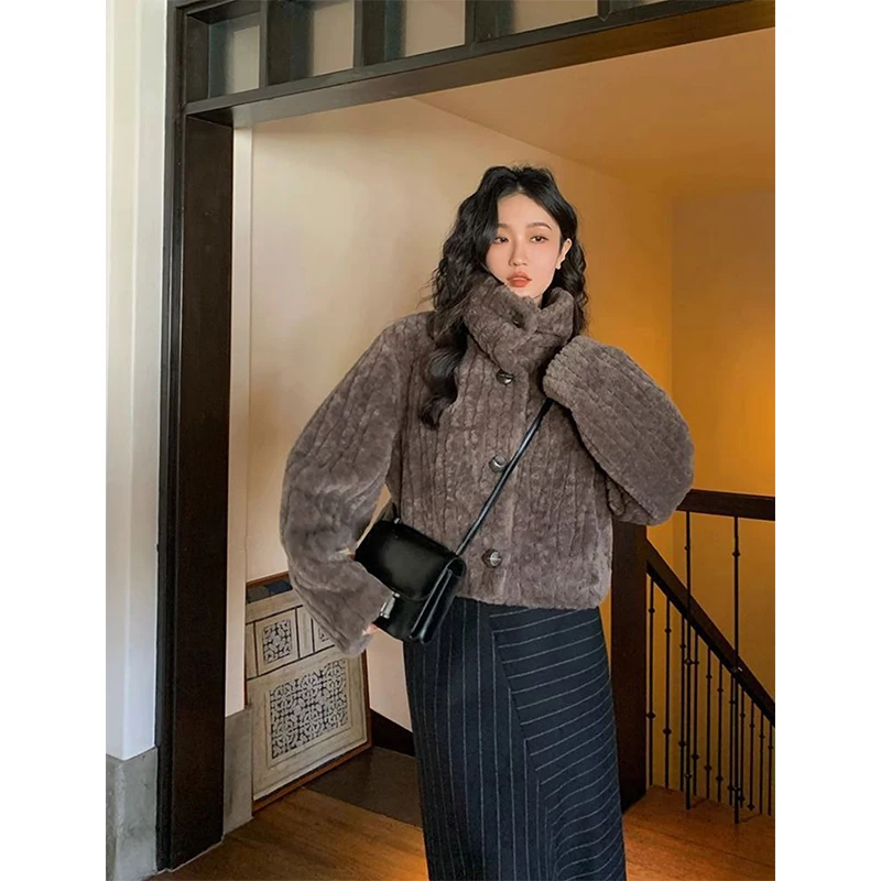 MEXZT Vintage Cropped Faux Fur Coat Women Elegant Stand Short Fluffy Jackets Winter Streetwear Korean Plush Outwear Overcoat New