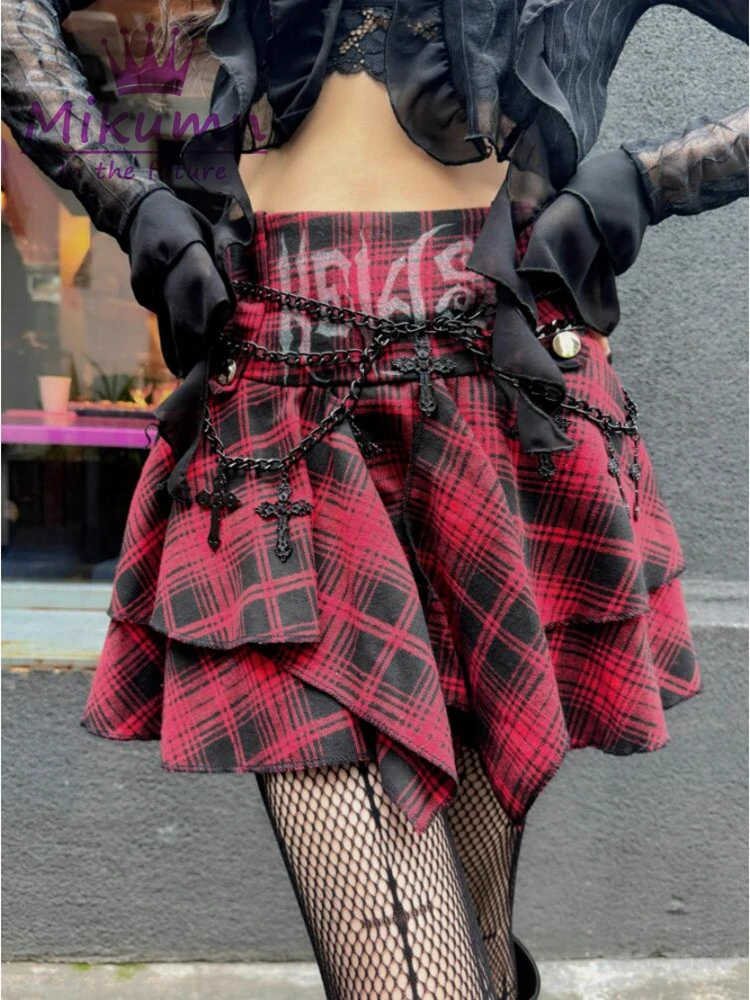 

Mikumn Punk Plaid Skirt Gothic Girls Y2K Summer Short Skirt High Waist A-line Cross Chain Irregular Mini Skirts Chic Streetwear