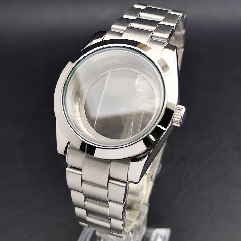 

39mm silver black watch with stainless steel sapphire glass case fits for NH35 NH36 movement 20mm steel strap watch accessories