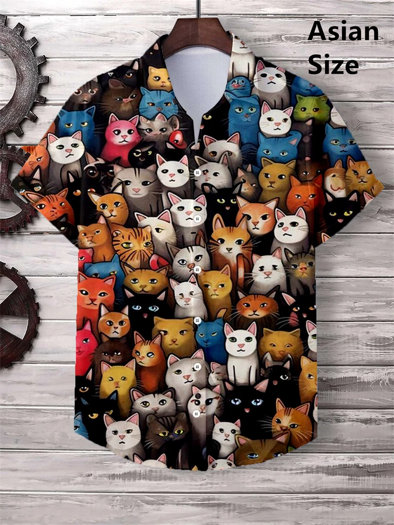 2025 Hawaii Men Shirt Cute Cartoon Cat 3D Printed Tops Casual Women Short Sleeves Shirts Button Lapel Oversized Unisex Clothing