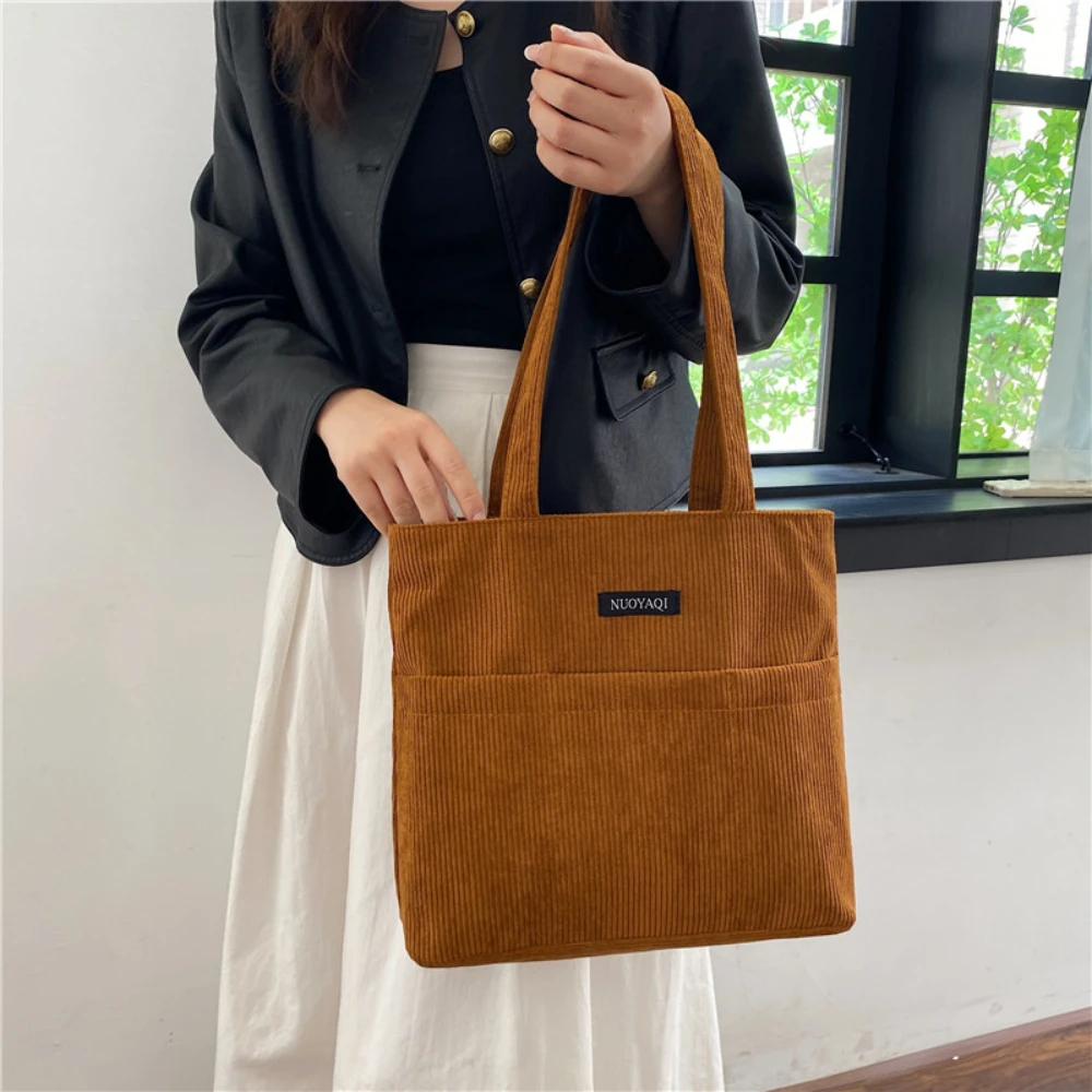 Corduroy Simple Shoulder Bag Solid Color Large Capacity Shopping Handbag Casual Commuter Bag Ladies Tote Bag for Women New