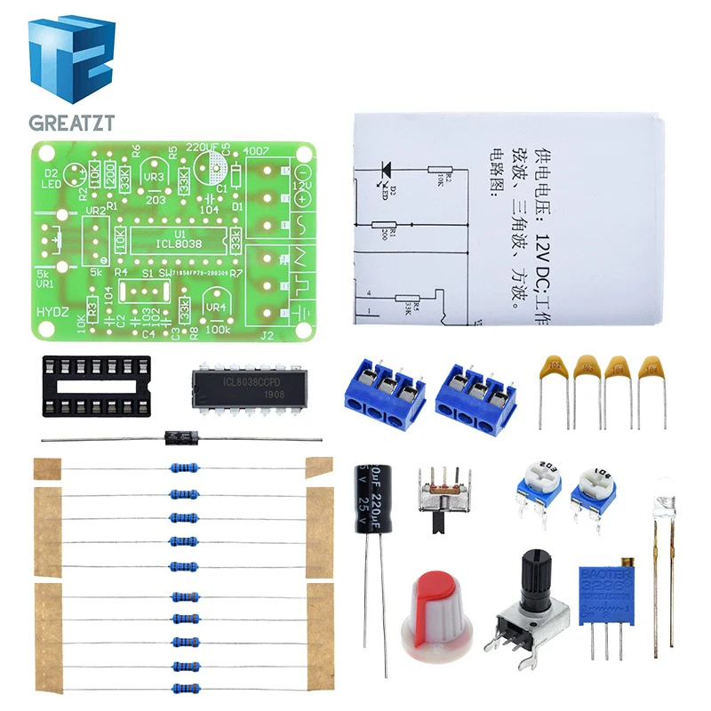 1Set ICL8038 Monolithic Function Signal Generator Module DIY Kit Sine Square Triangle Frequency Generator Capacitor Inductor