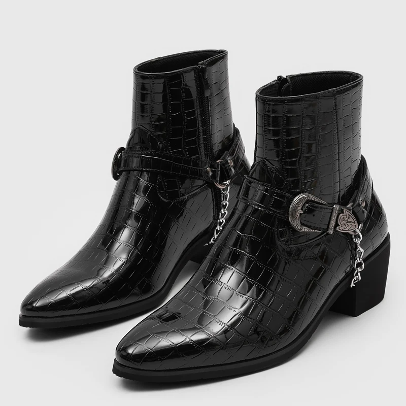 Vintage Crocodile Chelsea Men Boots Belt Buckle Decoration Metal Chain Temperament Famous Internet Commuting Fashion Boots