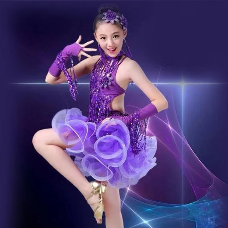 Costume de danse latine pour enfants, costumes de compétition à paillettes pour filles, vêtements de spectacle de danse pour filles