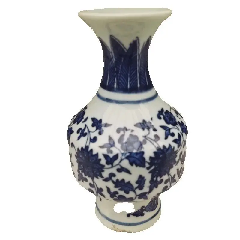 China Old Porcelain round Belly Vase Blue White Entangled Lotus Pattern Traditional Decorative Floor Standing Artwork collection