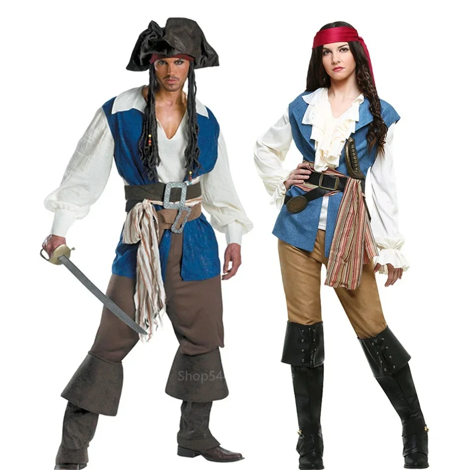 Casais traje de pirata caribe capitão cosplay roupas purim festa de halloween fantasia vestir-se para homens