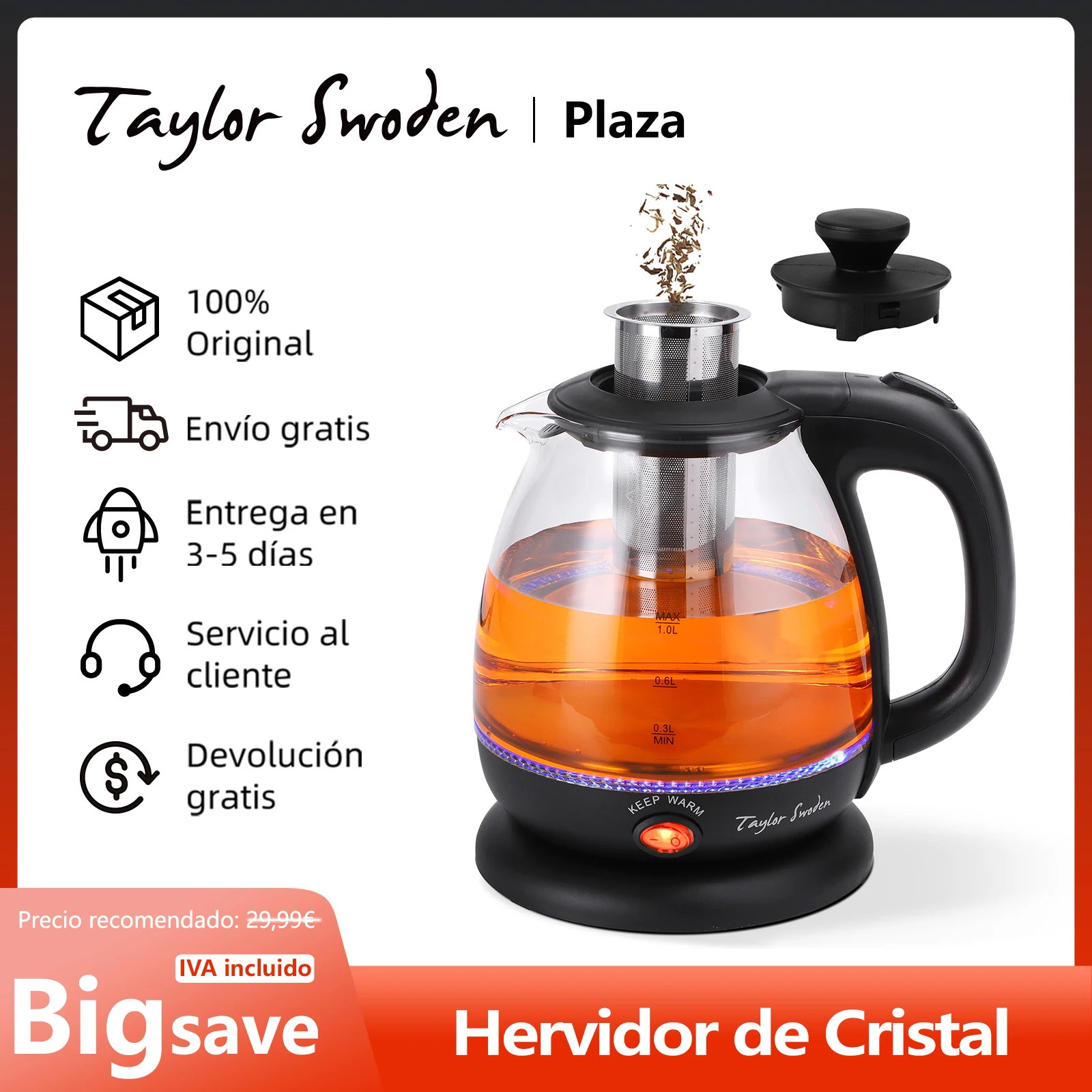Hervidor de Cristal de 1 Litro, con Infusor y Filtro Extraíble, Función Mantener Caliente, Hervidor de Agua Eléctrico con Iluminación LED, Libre de BPA, Apagado Automático, Base 360º, 2200 W