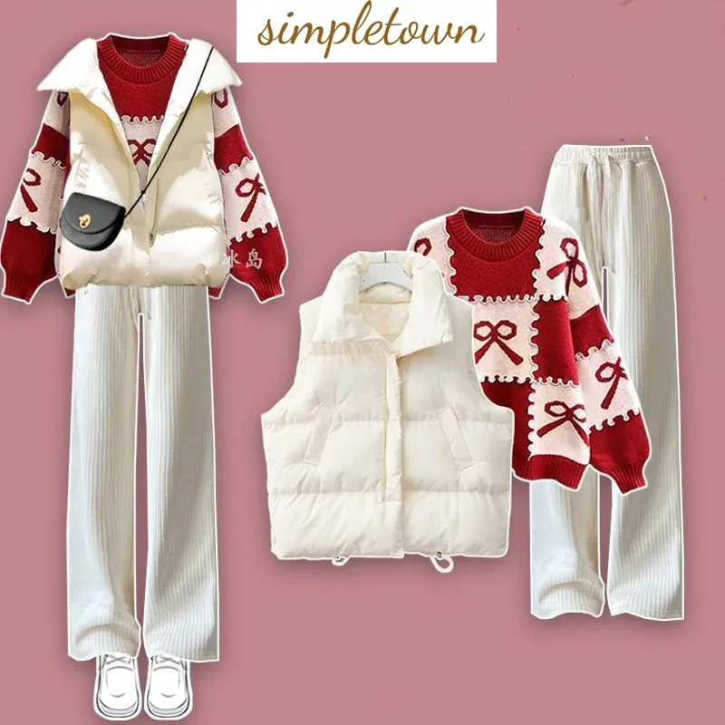 Autumn and Winter Set Women\'s New Cotton Jacket Vest with Red Sweater Slimming Casual Pants Age Reducing Three Piece Set