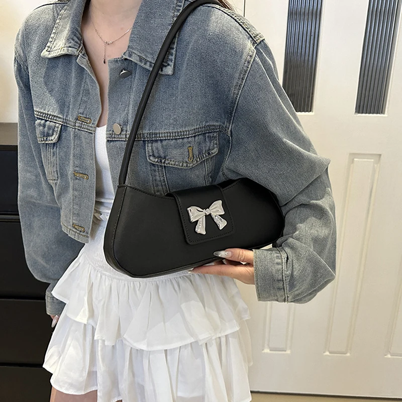 Small Commuting Bag For Women Large Capacity Bow Underarm Bag Simple Armpit Bag Solid Color Adjustable Strap Shoulder Bag