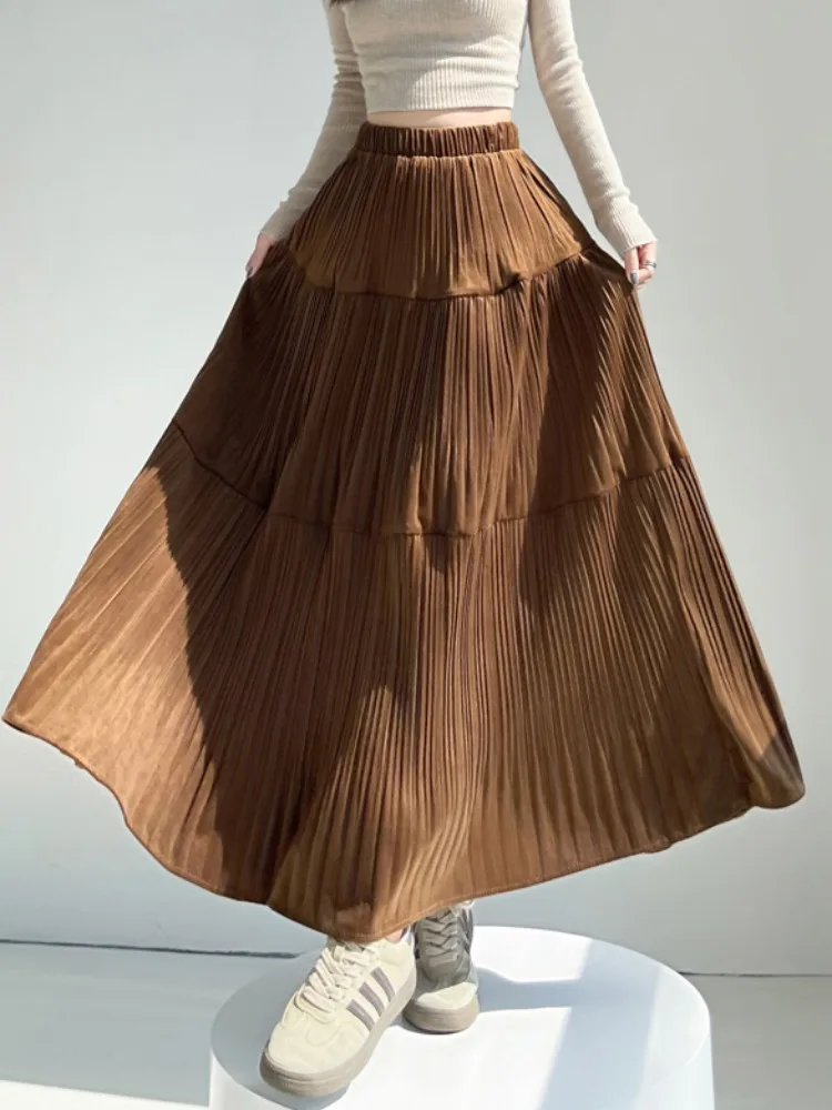 Ele falda de pastel de terciopelo para mujer Otoño Invierno cintura alta A-Line Falda Midi plisada empalme coreano Sle Commute Dr