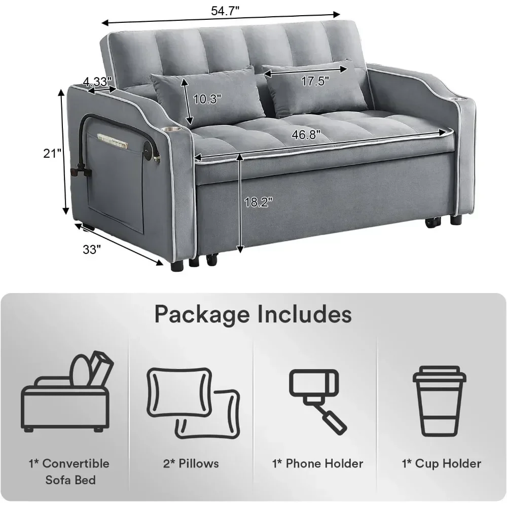 3 in 1 Convertible Sleeper Sofa 2 Seat Velvet Pull Out Couch Futon Living Room Furniture Space Saver Design