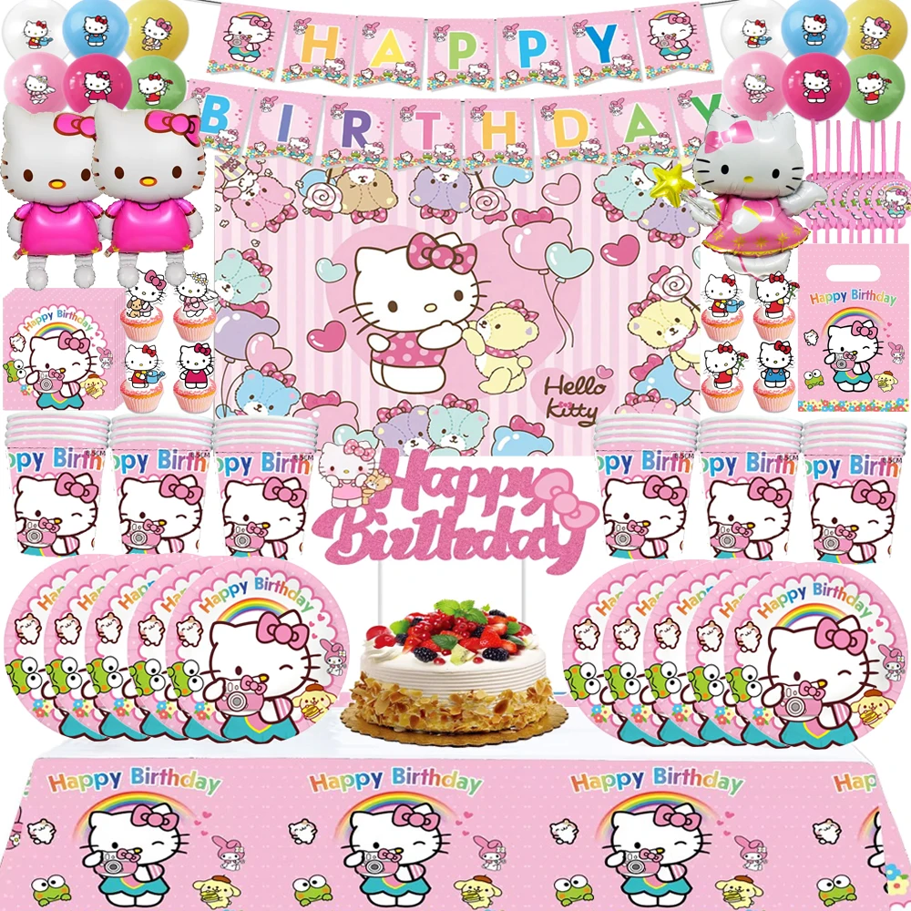 Hello Kitty Happy Birthday Party Decor Acrylic Cake Topper Disposable Table Plate Gift bag Set Balloons Girls Favors DIY Supplie