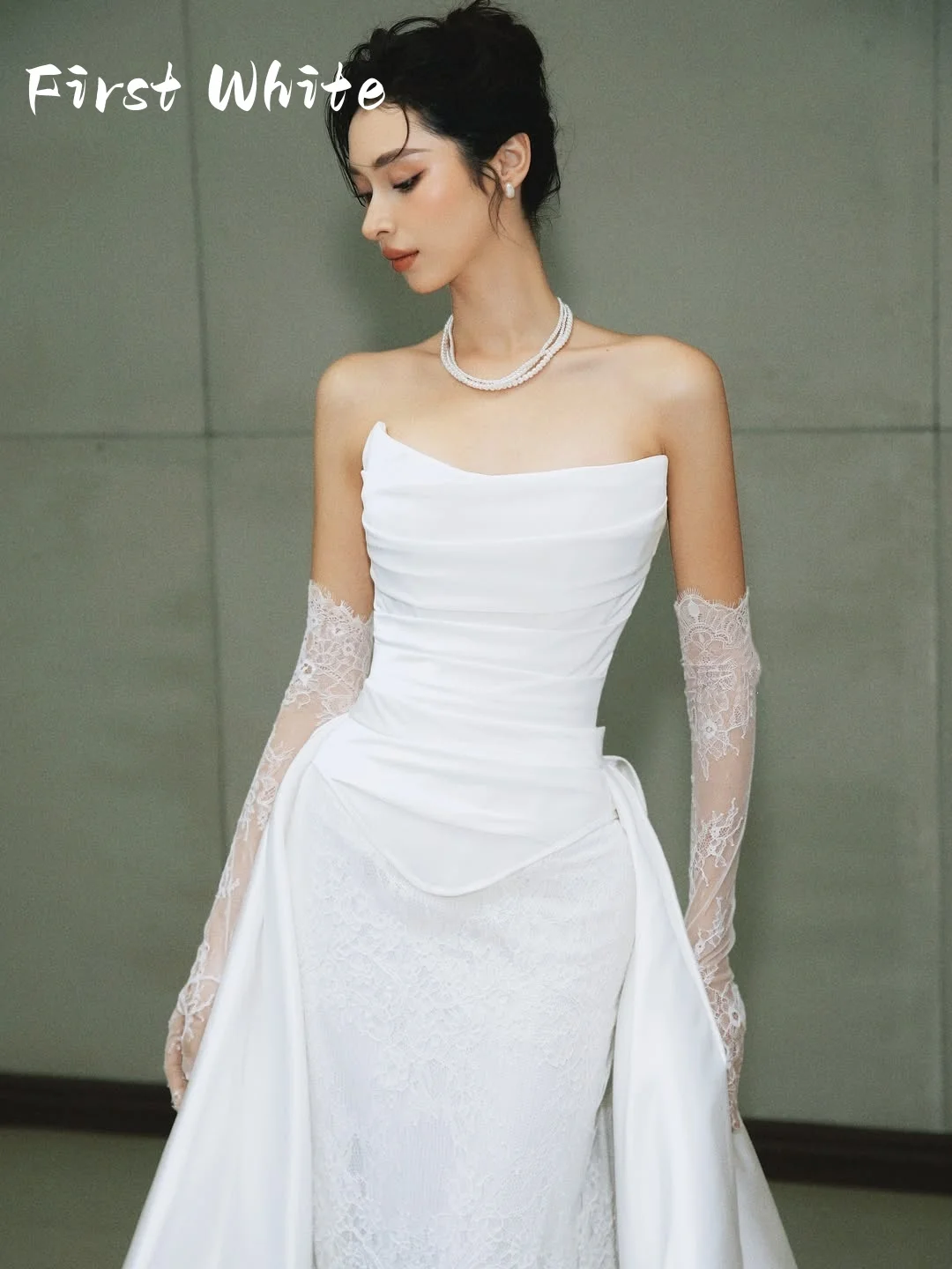 

Couture 2-in-1 Satin Lace Mermaid Wedding Dress, Strapless Corset Bridal Gown with Detachable Overskirt 웨딩드레스 Vestido de Noiva