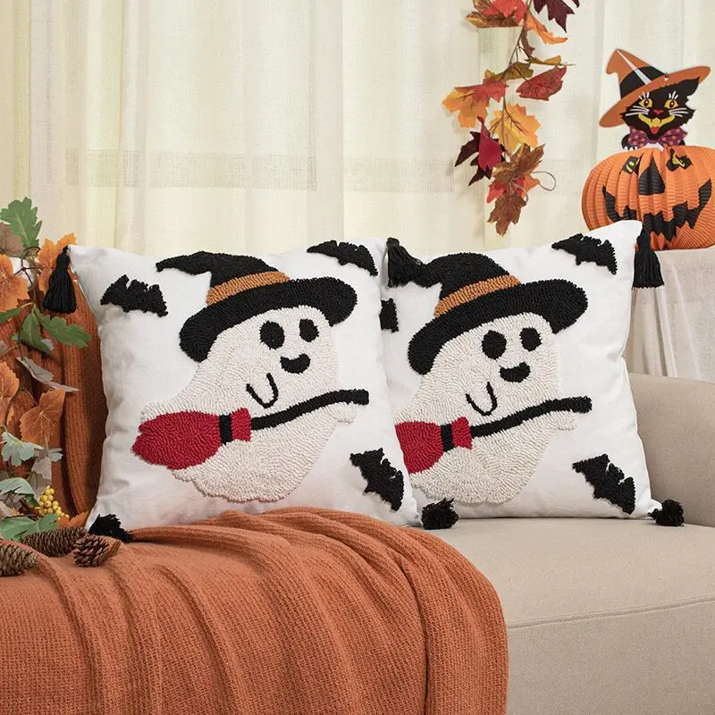 Halloween Tufted Embroidery Tassel Throw Pillow Cushion for Living Room Sofa Festive Home Decor Accent Pillow