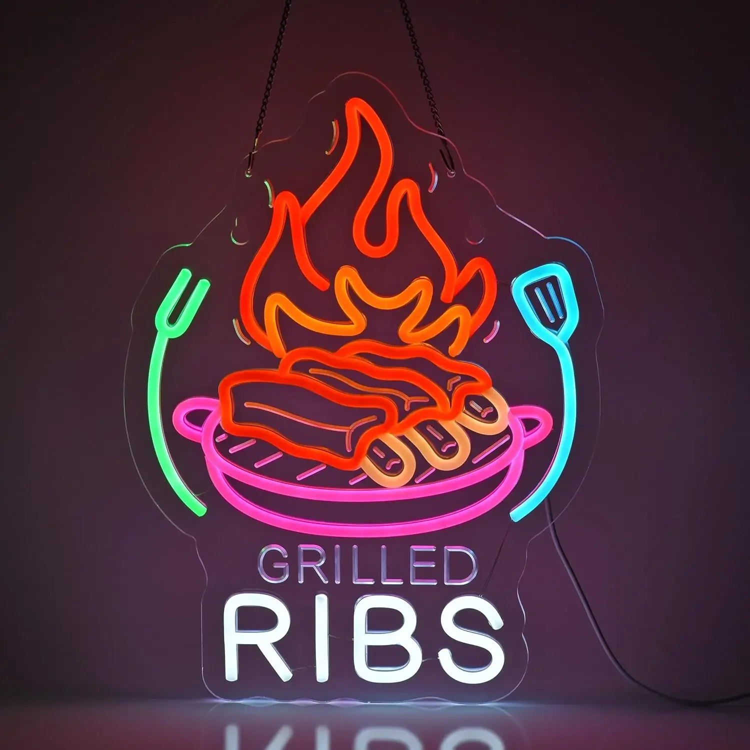 Grilled Ribs Neon Sign LED Wall Art BBQ Flame Meat Fork Spatula Acrylic USB Powered Dimmable Light Home Party Bar Shop Decor