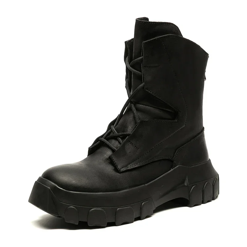 Lace Up Round Toe Platform Boots Genuine Leather Motorcycle Boots Slip-resistant Wear-resistant Work Shoes