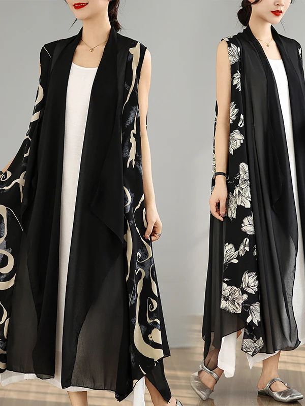 

Stylish Vintage Print Long Vest Jacket Women Summer plus Size Loose Sleeveless Vest Outerwear Dream Qing Sha Polyester Fiber