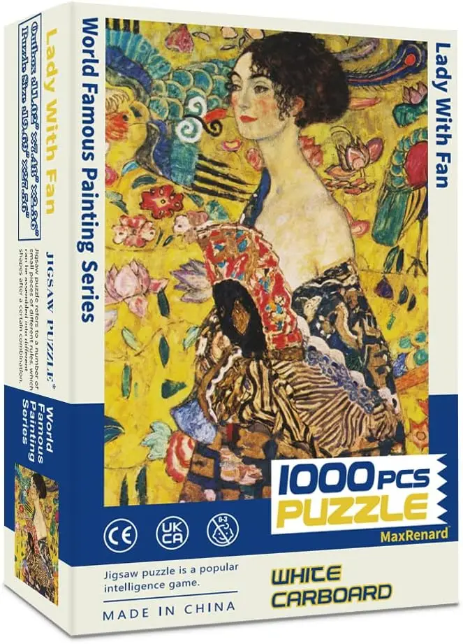 MaxRenard Game 1000 Pieces Jigsaw Puzzles World Famous Painting Puzzle Art Collection Toy Klimt Lady with Fan with Glue Sheets