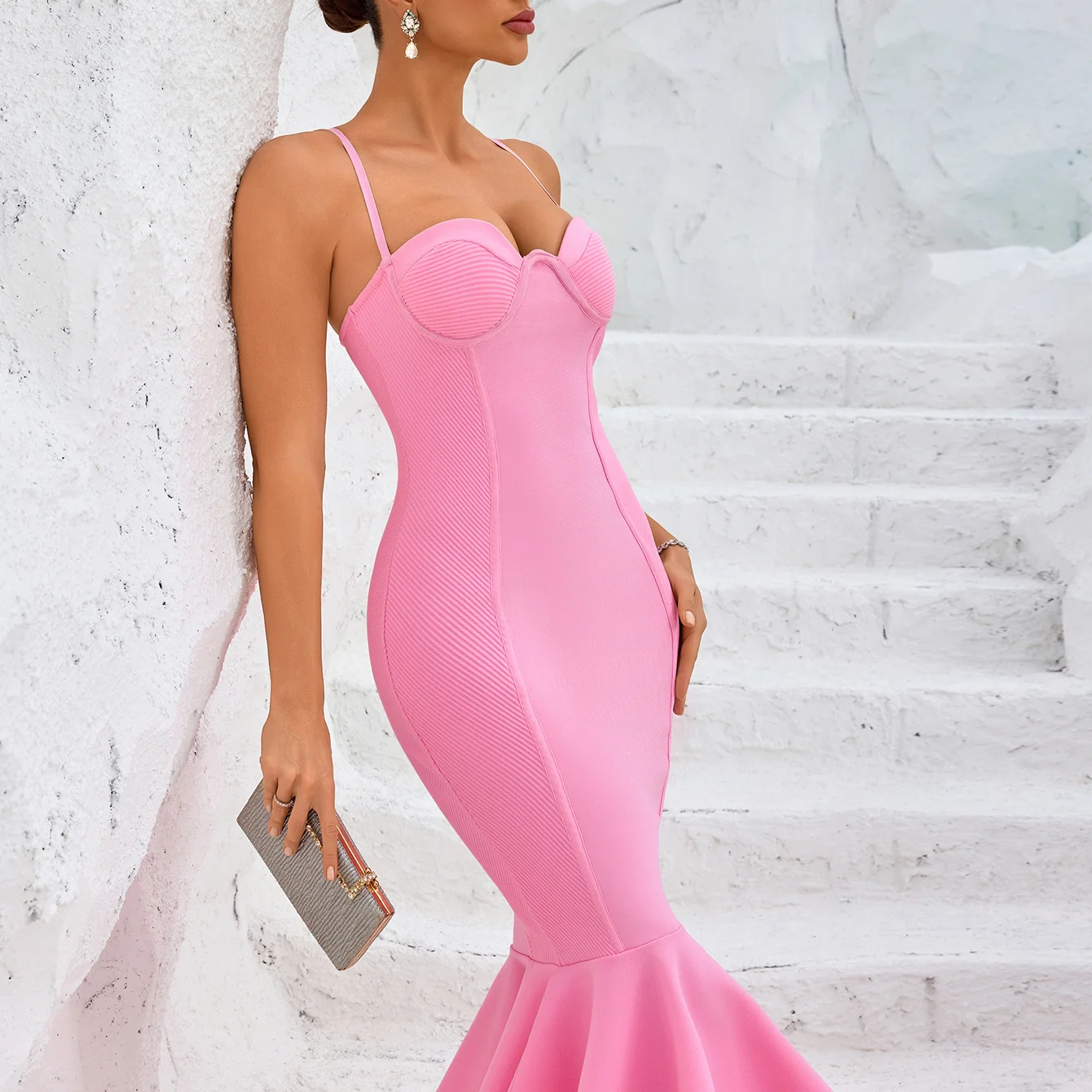 

Pink Adjustable Strap Fish Tail Long Slim Elastic Band Dress Casual Fashion Knitted Fabric No Sleeve Mid-Length Color