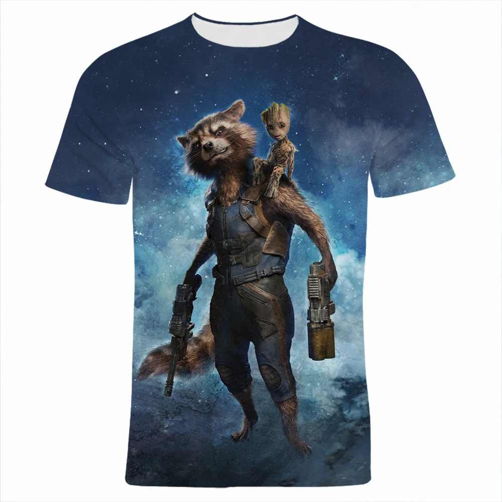 T-shirt imprimé 3D Rocket Raccoon Groot Cartoon Anime pour hommes et femmes, Streetwear, Écouteurs contractants, Mode