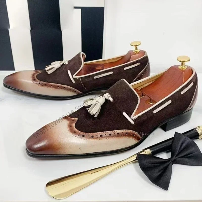 

Mixed Gradient Color Patchwork Tassels Loafers Fashionable Slip On Men Casual Shoes Novel Handmade Party Banquet Men Dress Shoes