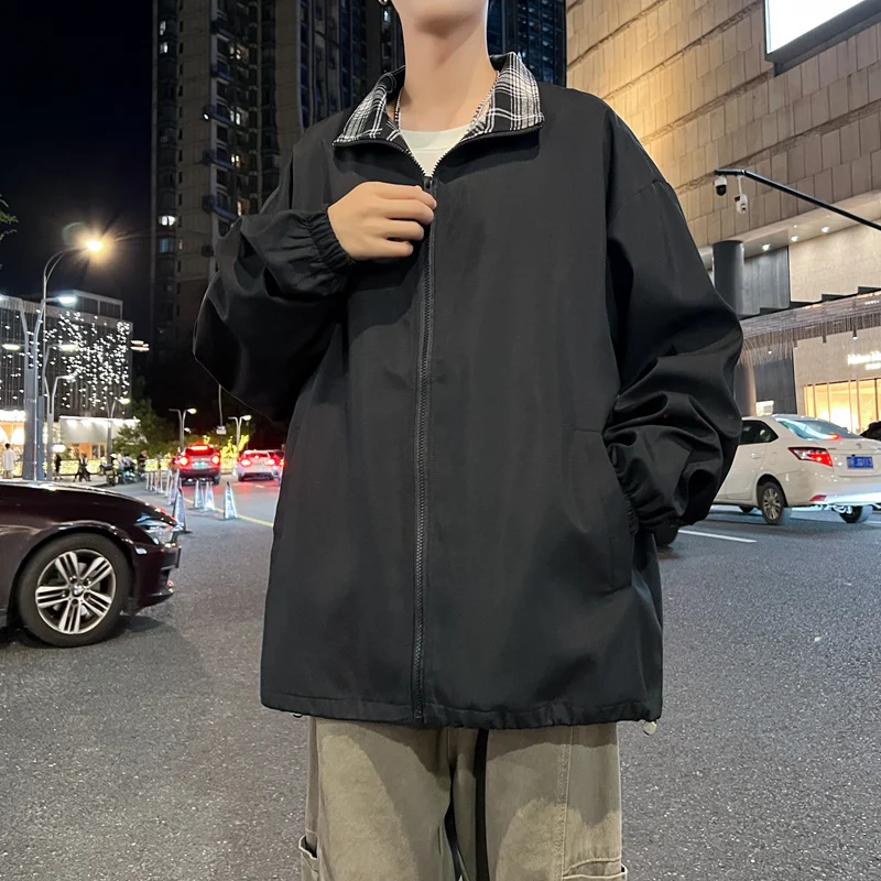 Men's Autumn Stand Collar Jacket American Vintage Trendy Reversible Windproof Outerwear Loose Daily Versatile Fashion Top