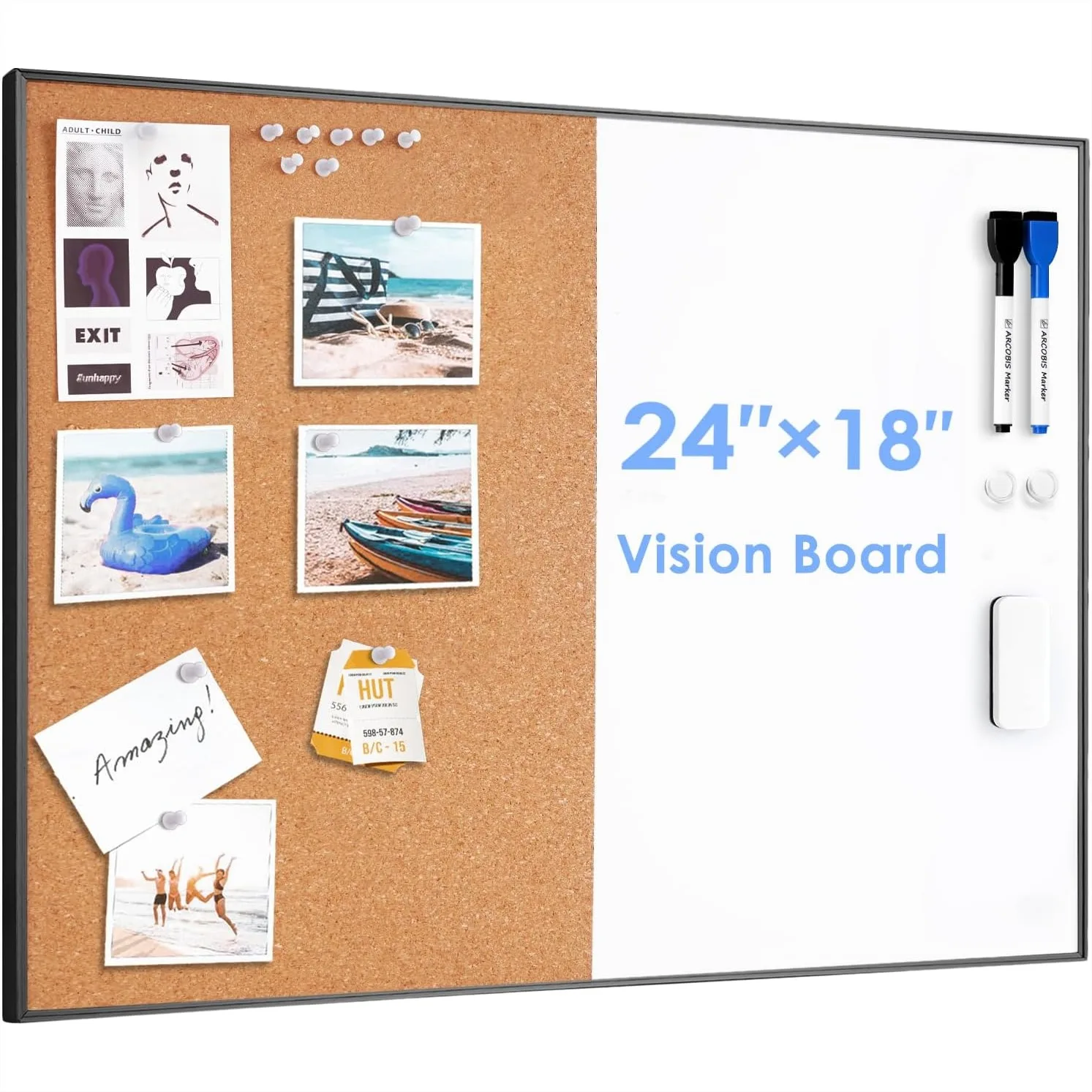 

Cork White Board Combo 24x18 Inch Bulletin Board with Magnetic Dry Erase & Corkboard for Home Office School, Black Frame