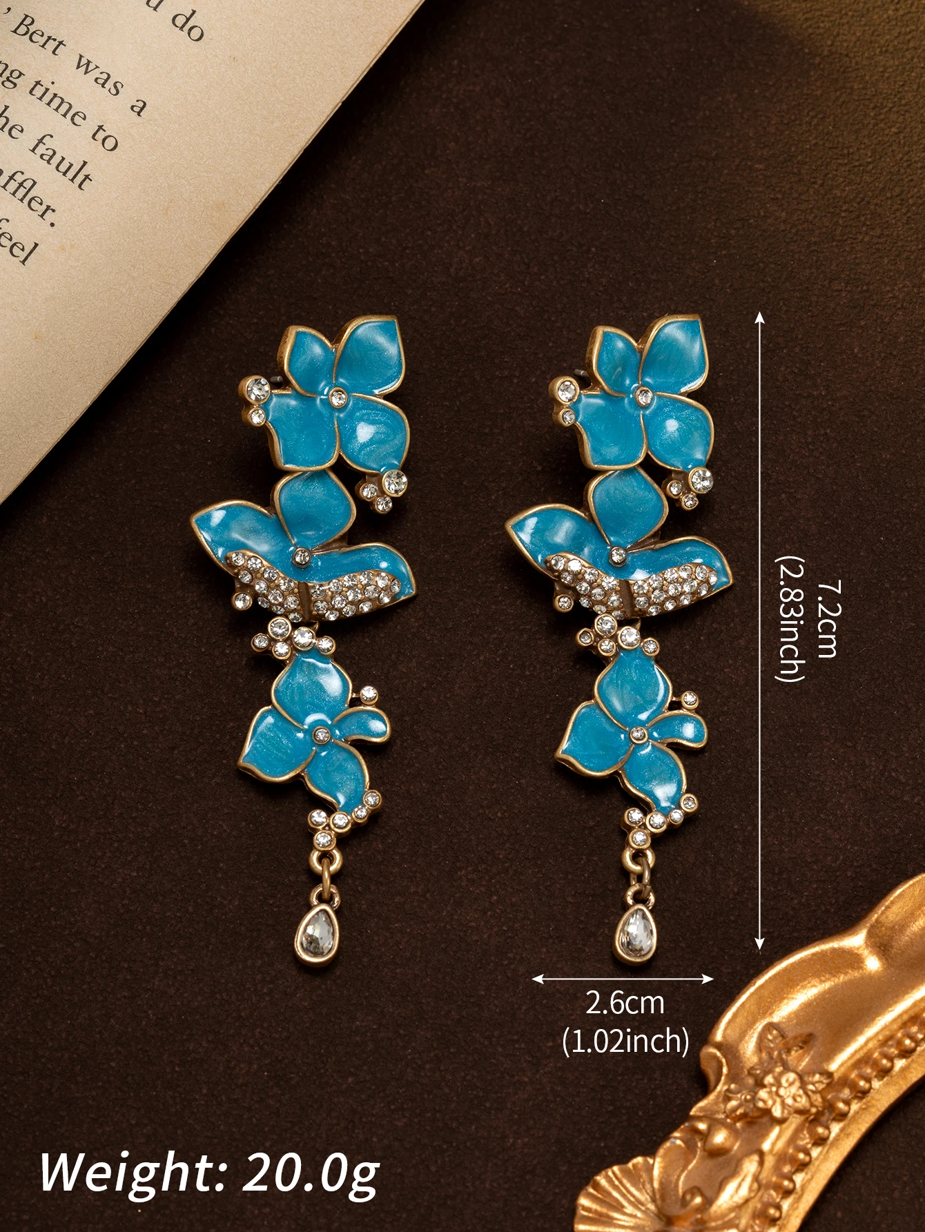A Pair of Vintage Lake Blue Enamel Flower-Shaped Earrings with Diamonds, Multi-Layered Floral Design, Long Tassel Earrings, Suitable for Daily Wear, Parties, Festivals, Women's Accessories, and Gift-Giving