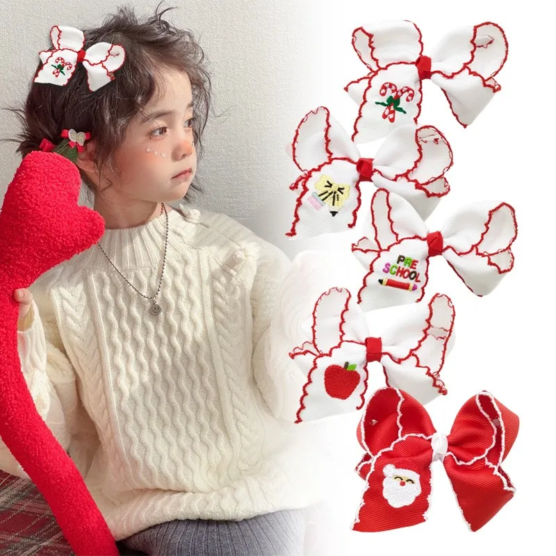

24pcs Baby Girl Frill Ribbon Hair Bows Santa Embroidered Wave Edge Hair Clips Christmas Themed Hairpins for Kids Bulk