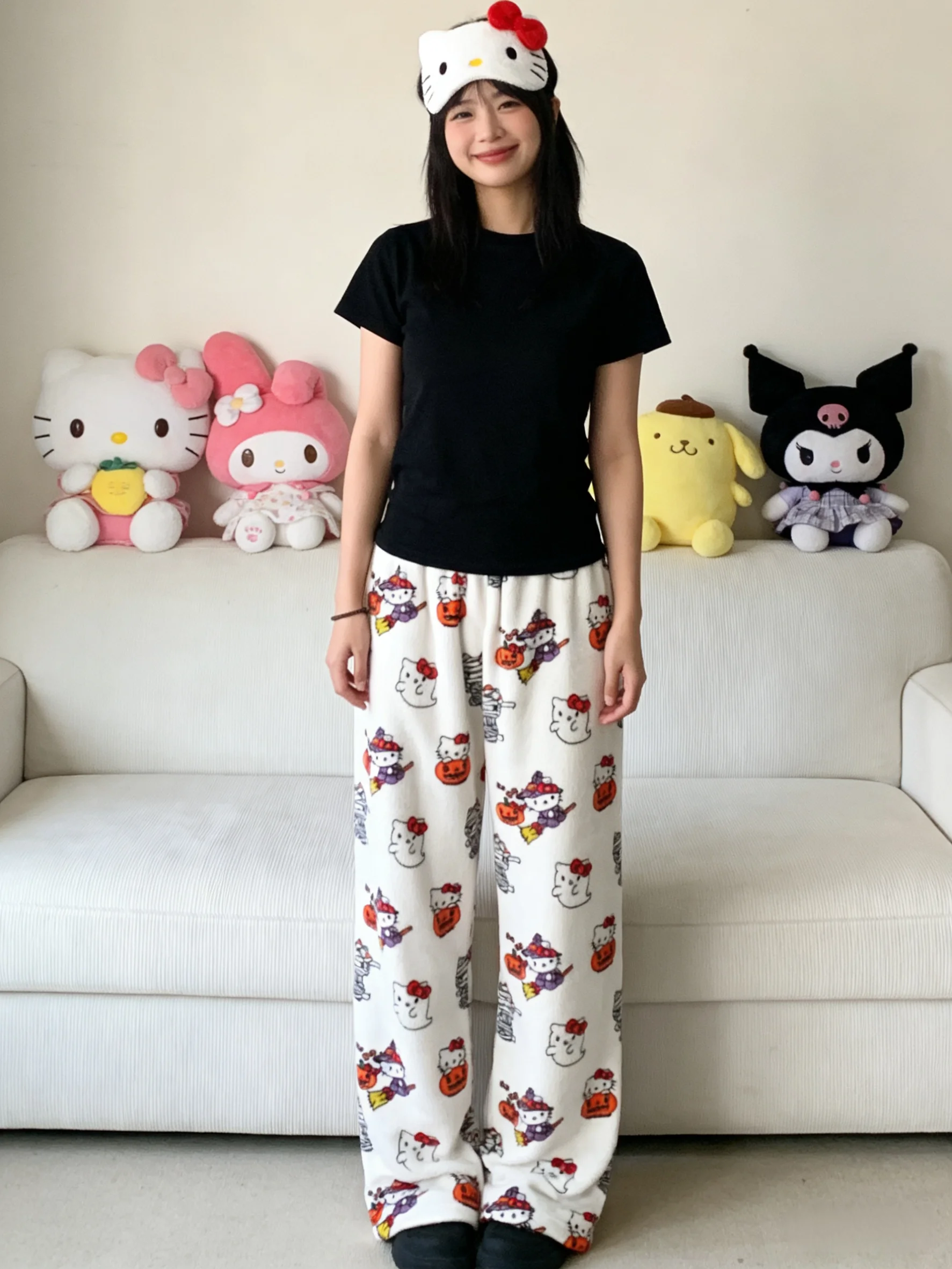 Hello Kitty Flannel Sleep Pants, White Warm Long Pants, Fashionable Strolling Pants, Party Outfit! Perfect for Festive Gifts!