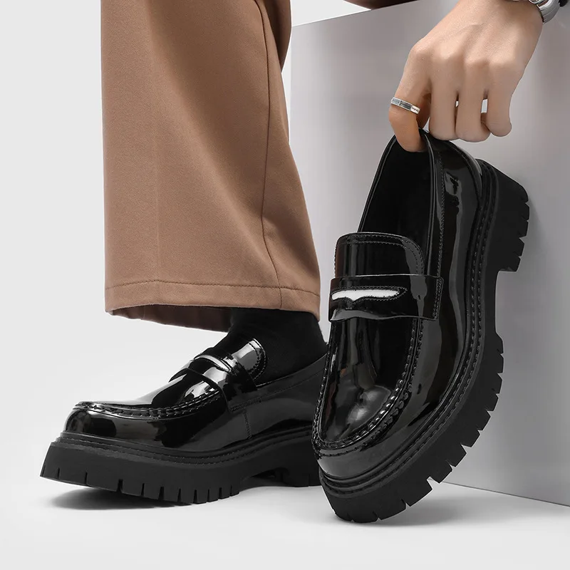 

mens fashion party nightclub patent leather shoes slip-on platform driving shoe black trendy summer loafers breathable footwear