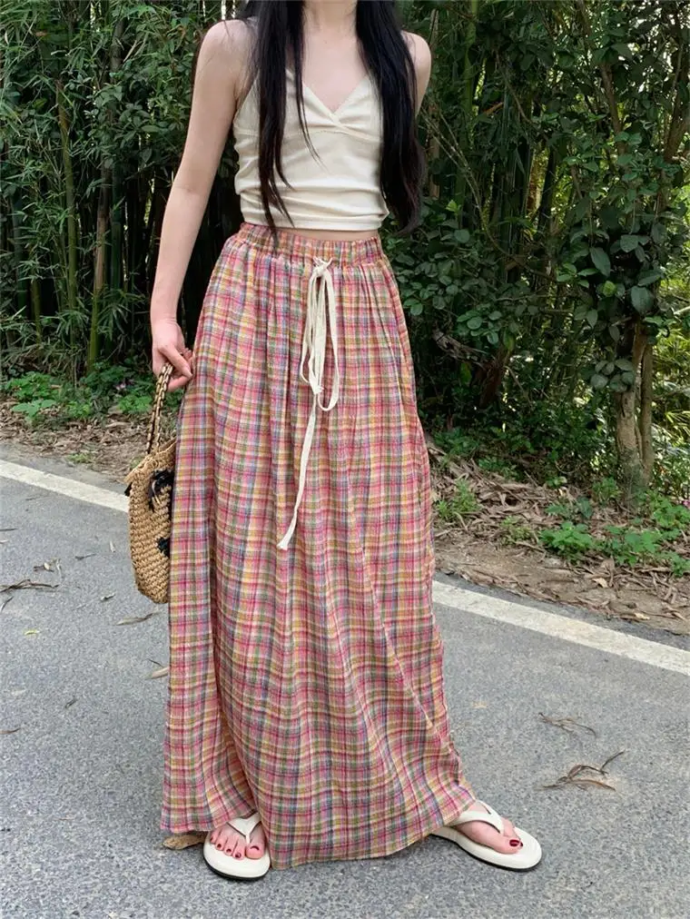 ارتفاع الخصر رقيقة منقوشة المرأة تنورة مرونة الخصر الدانتيل يصل فضفاض ألف خط تنورة طويلة اليومية ملابس الشارع الشهير الربيع والصيف التنانير