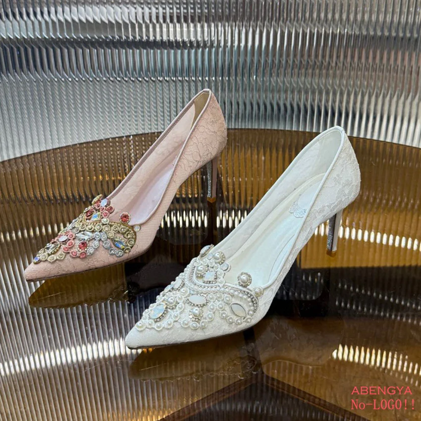 

2025 Summer Sexy Lace High Heel Shoes Woman Pointy Toe Crystal Mules Dress Shoes Designer Fashion Party Banquet Shoes For Women