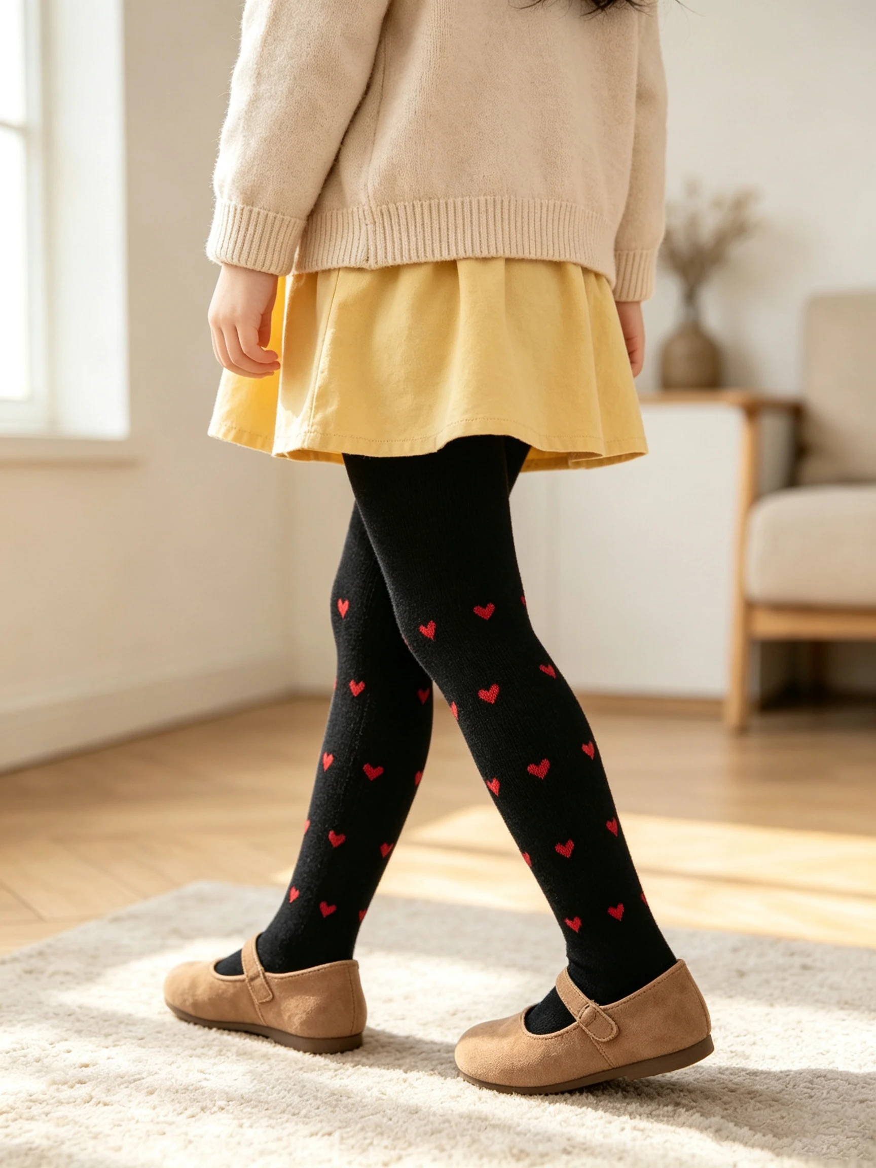 3Pcs Girls Pantyhose Kids Heart Print Knit Tights Spring Autumn Slim Hosiery Princess Style for Little Girls Daily Casual Wear