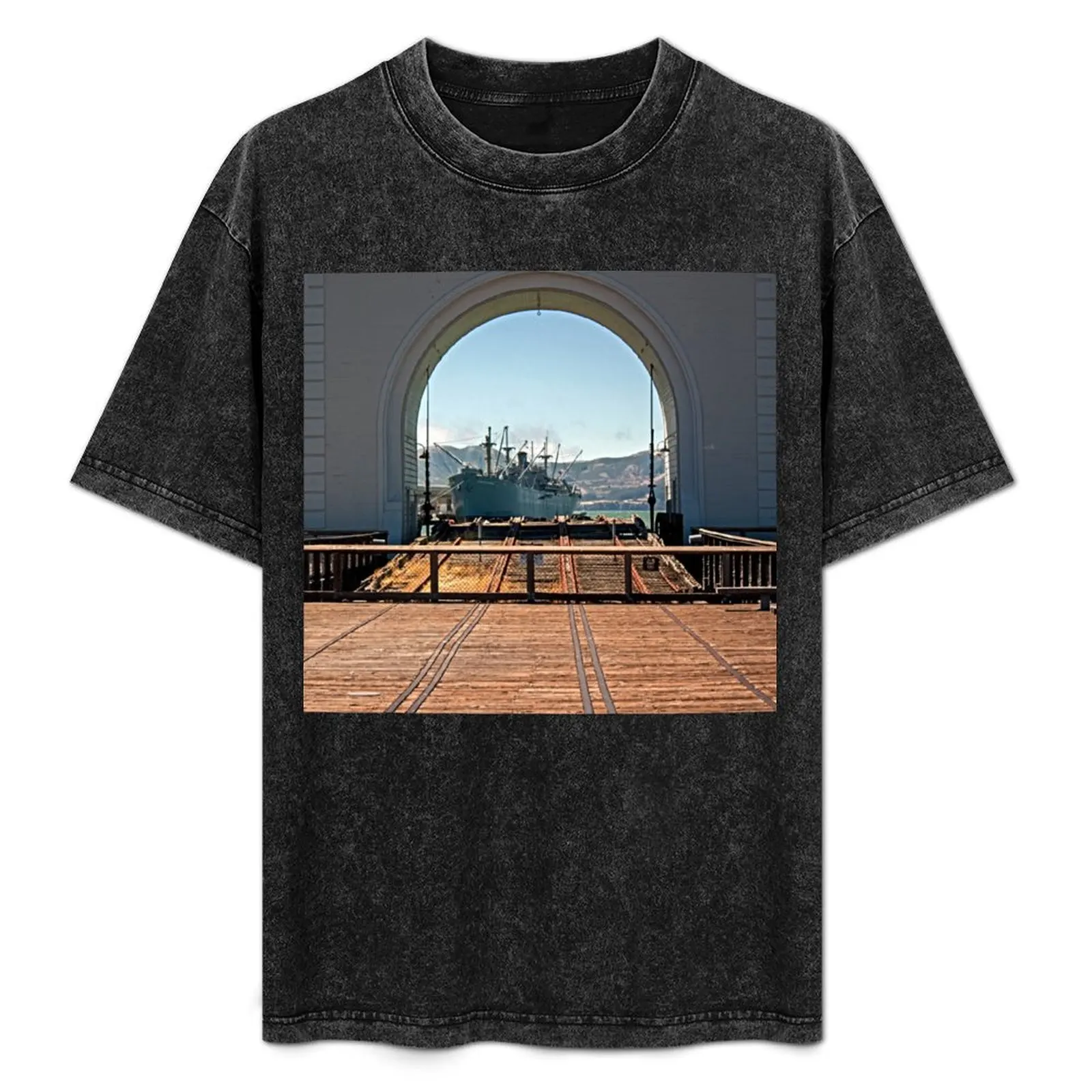 

SS Jeremiah O'Brien seen through the Pier 43 Ferry Arch T-Shirt Basic Solid Color Short Sleeve Cotton Top