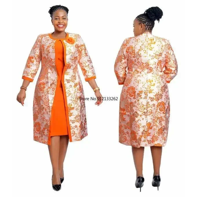 2 Piece Set African Dresses For Women Coat And Office Lady Dress 2025 Autumn Winter New Bazin Riche Traditional Africa Clothing