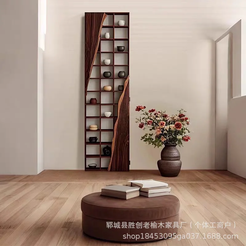 Chinese old elm bogu frame solid wood teacup display rack wabi sandy wind alpine wall rack Duobao Pavilion