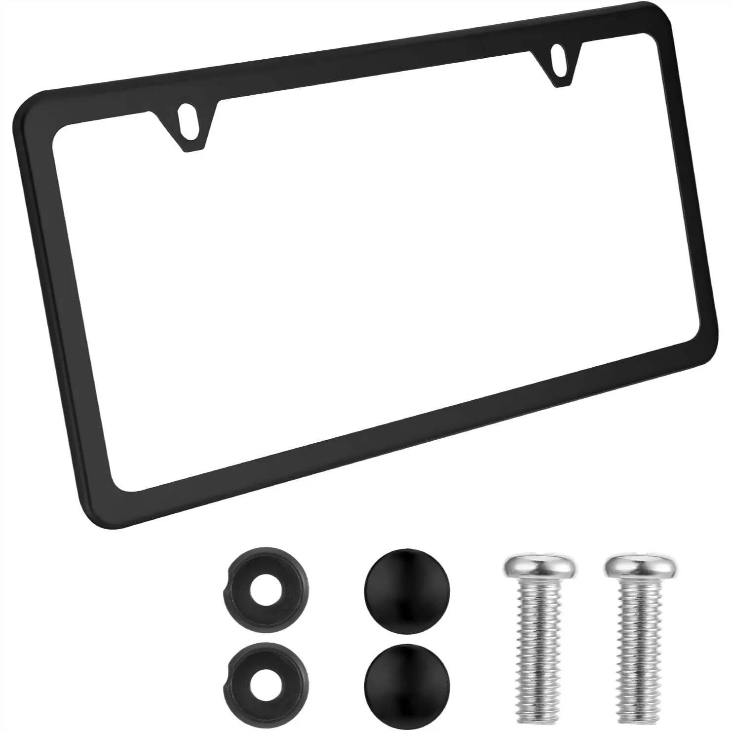 

Stainless Steel License Plate Frame Slim Design with Metal Screw Caps for Cars and Trucks Black