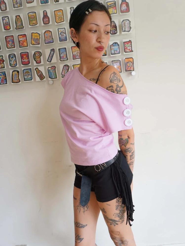 Women's Y2K Off-Shoulder Crop Top Short Sleeve Asymmetrical Slant Neck Button Detail Loose Fit Casual Streetwear T-Shirt
