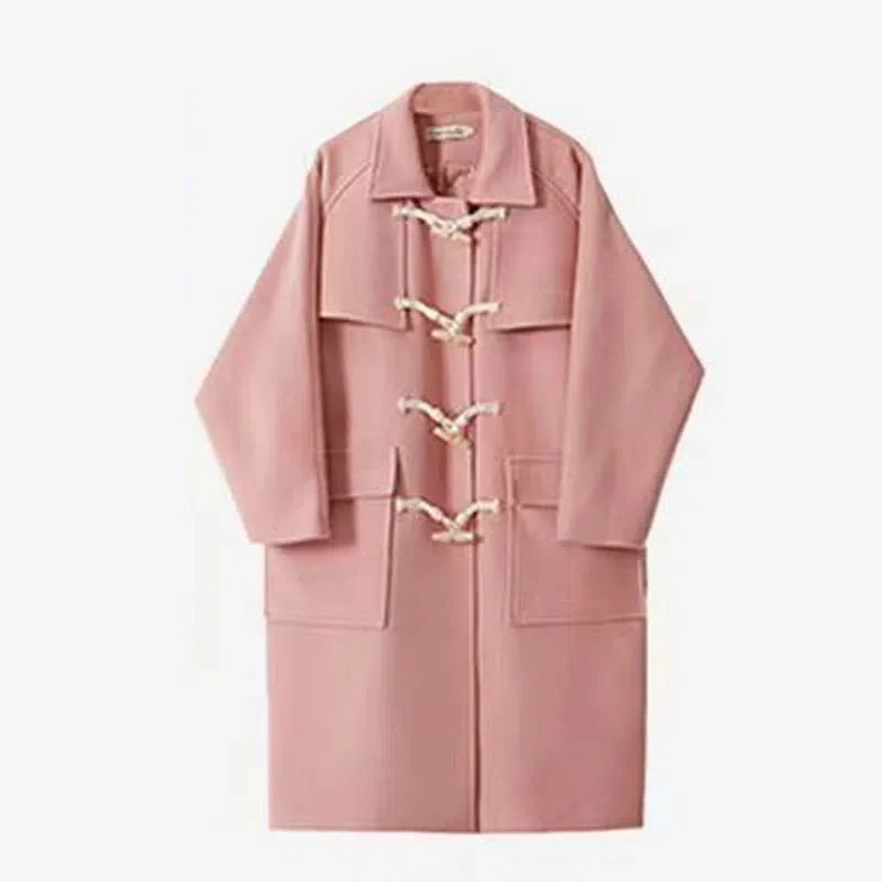 Pink Horn Button Tweed Jacket Women Winter New Japanese Loose Thickened Mid Length Wool Coat Female Casual Sweet Versatile Coat