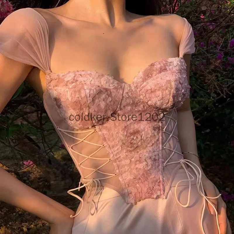 

Women Corset Top Y2K Clothes Lolita Ruffles Flower Lace Tank Top Summer French Tube Tops Cute Clothes Pink Crop Tops