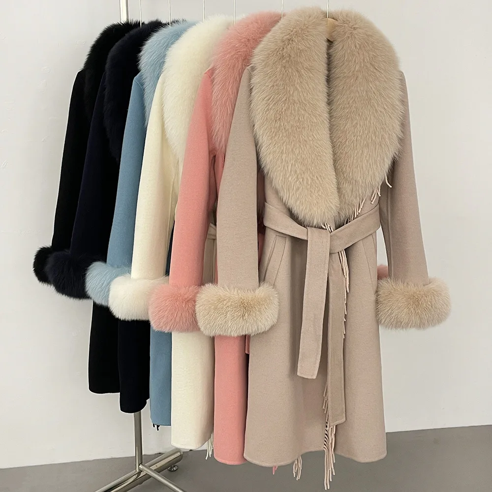 

Зимняя куртка 2025 года, женская длинная шуба из натурального кашемира с двубортным поясом, теплое шерстяное пальто