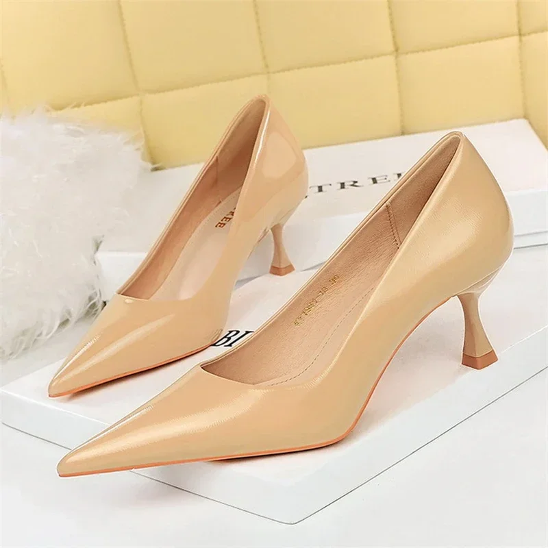 BIGTREE Spring Autumn Sexy Low High heel Pointed Party Prom Pumps Fashion Bright Surface Patent Leather Women Shoes